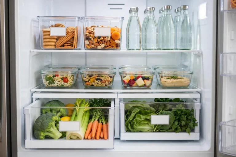 Beautifully organized aesthetic fridge with clear bins and labels - Home Reset Lab