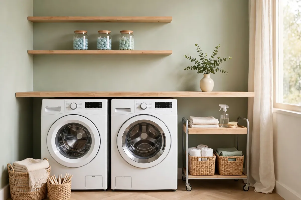 Small organized laundry room with shelves and matching containers - Home Reset Lab