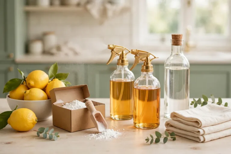 Natural DIY cleaning supplies with lemons and spray bottles - Home Reset Lab