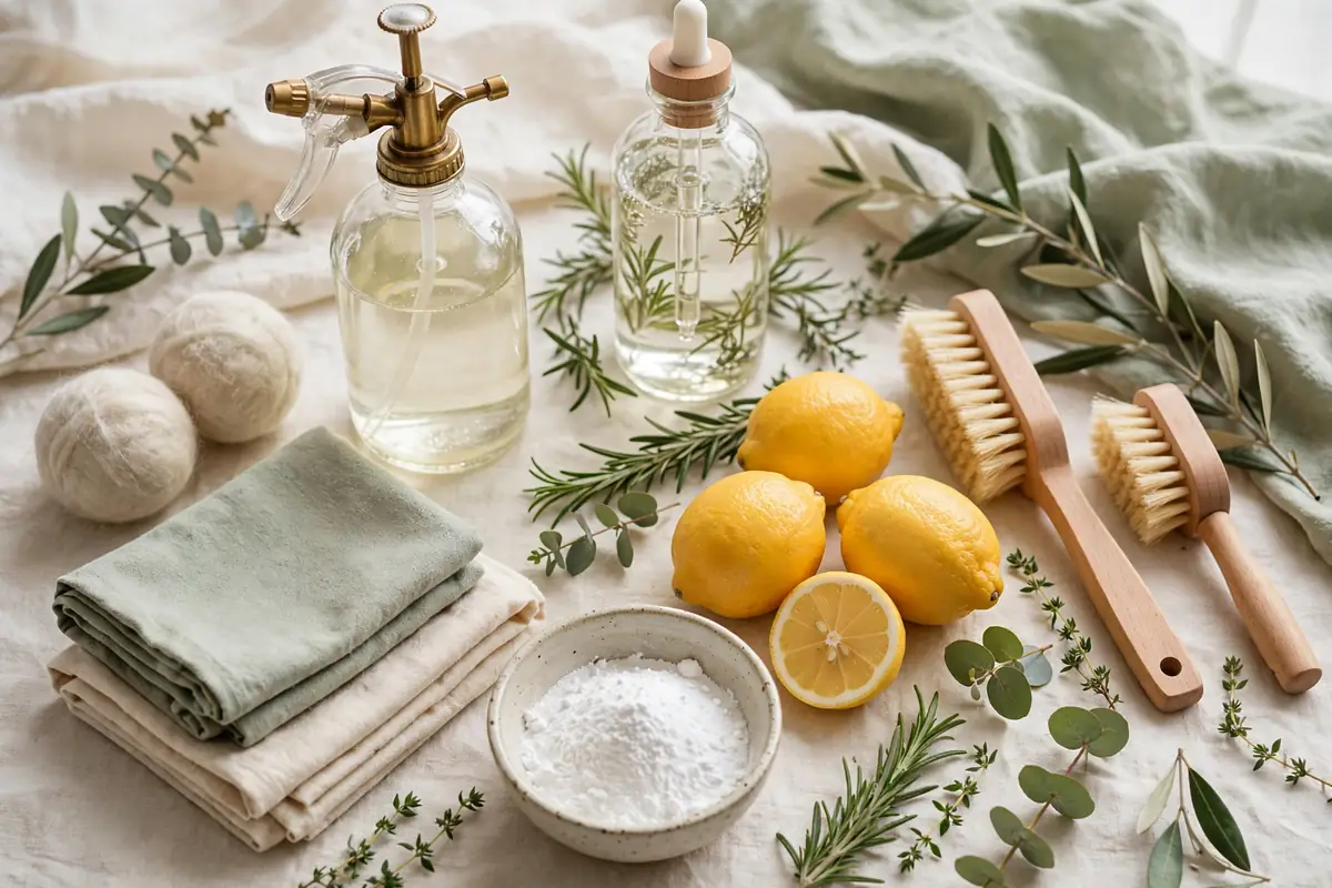 Non-toxic eco-friendly cleaning supplies with wool dryer balls - Home Reset Lab