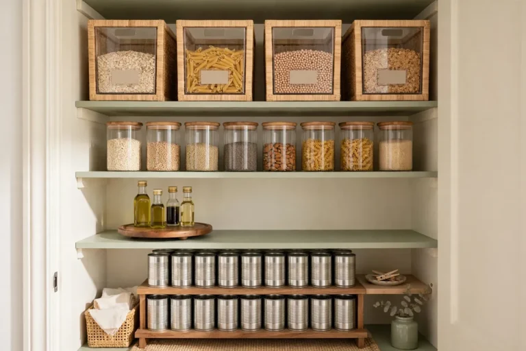 Organized small pantry with clear bins and labeled jars - Home Reset Lab