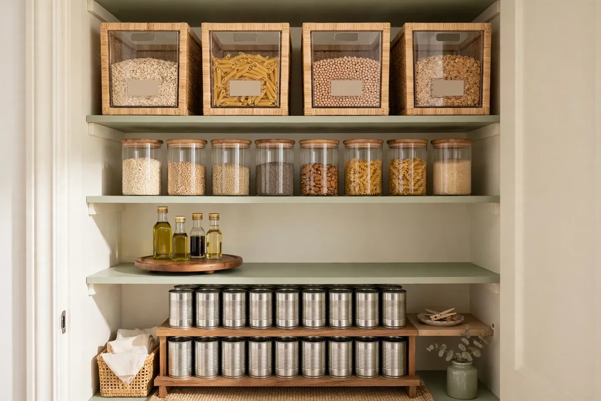 Organized small pantry with clear bins and labeled jars - Home Reset Lab