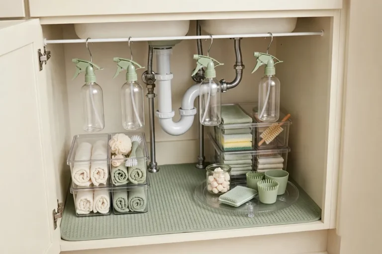 Organized under-sink cabinet with tension rod and bins - Home Reset Lab