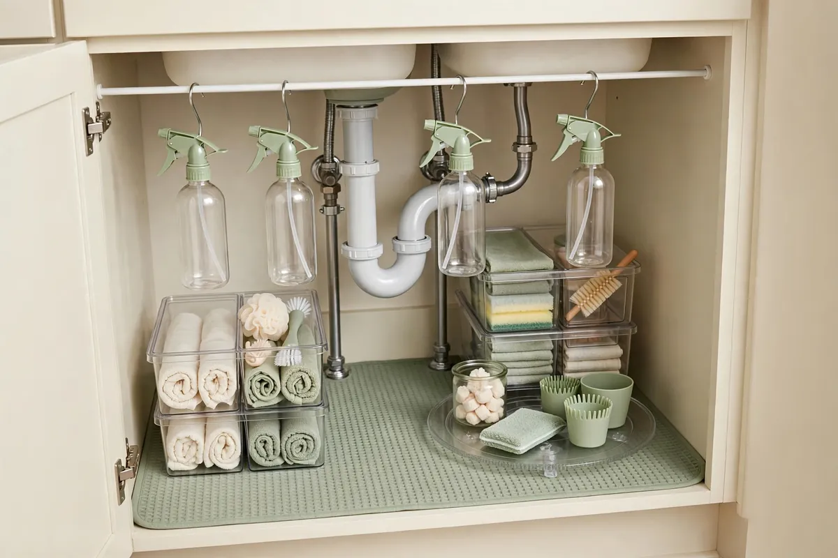 Organized under-sink cabinet with tension rod and bins - Home Reset Lab